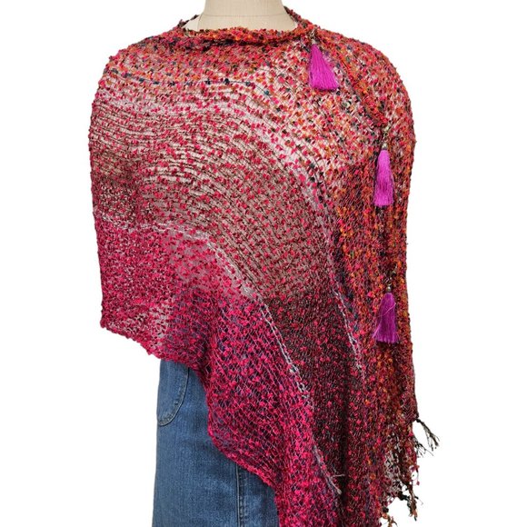 Magenta Teal Burnt Orange Poncho Vest Scarf Adjustable Tassel… - Picture 4 of 4